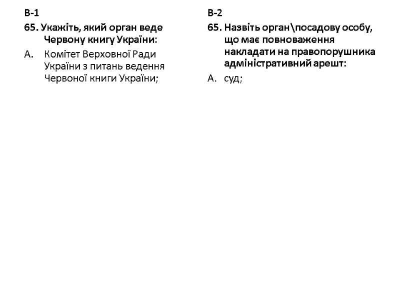 В-1 65. Укажіть, який орган веде Червону книгу України: Комітет Верховної Ради України з